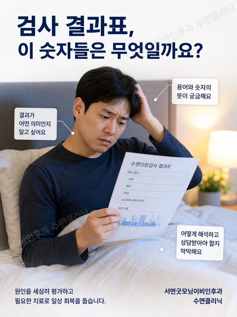 여러 약어가 적힌 수면검사 결과지를 살펴보는 환자 상황