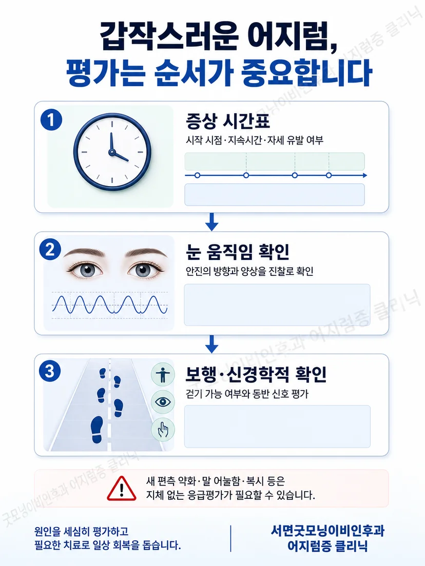 급성 어지럼의 증상 시간표와 안진, 보행 및 신경학적 확인 항목을 보여주는 평가 흐름