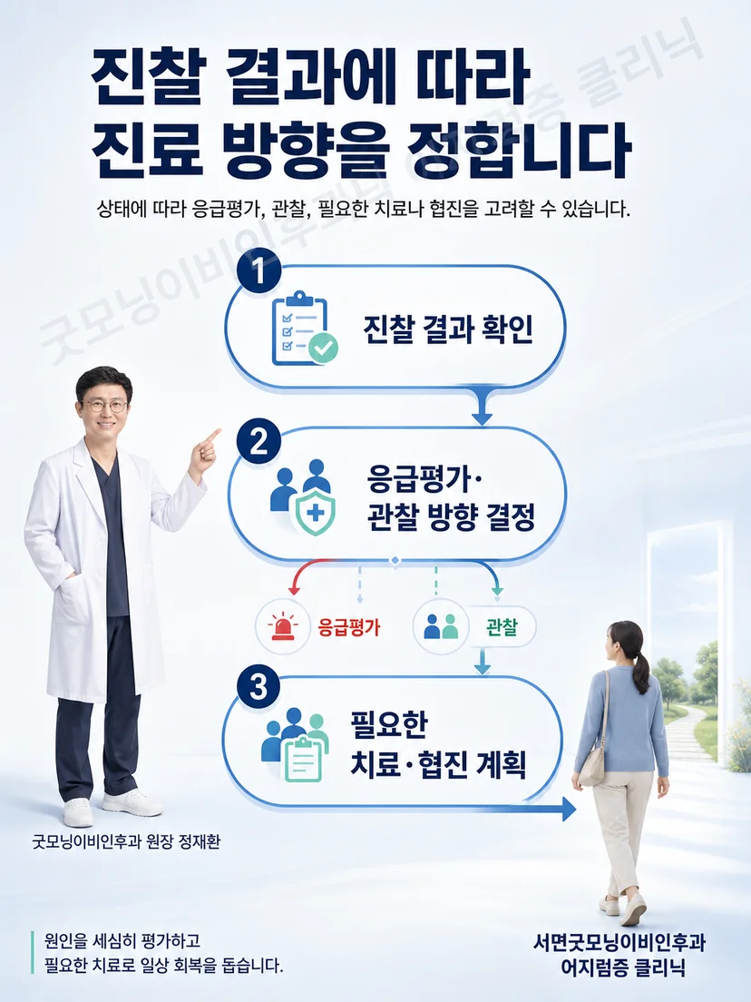 급성 어지럼 원인에 따라 응급평가와 관찰, 전정치료 및 협진을 선택하는 관리 과정