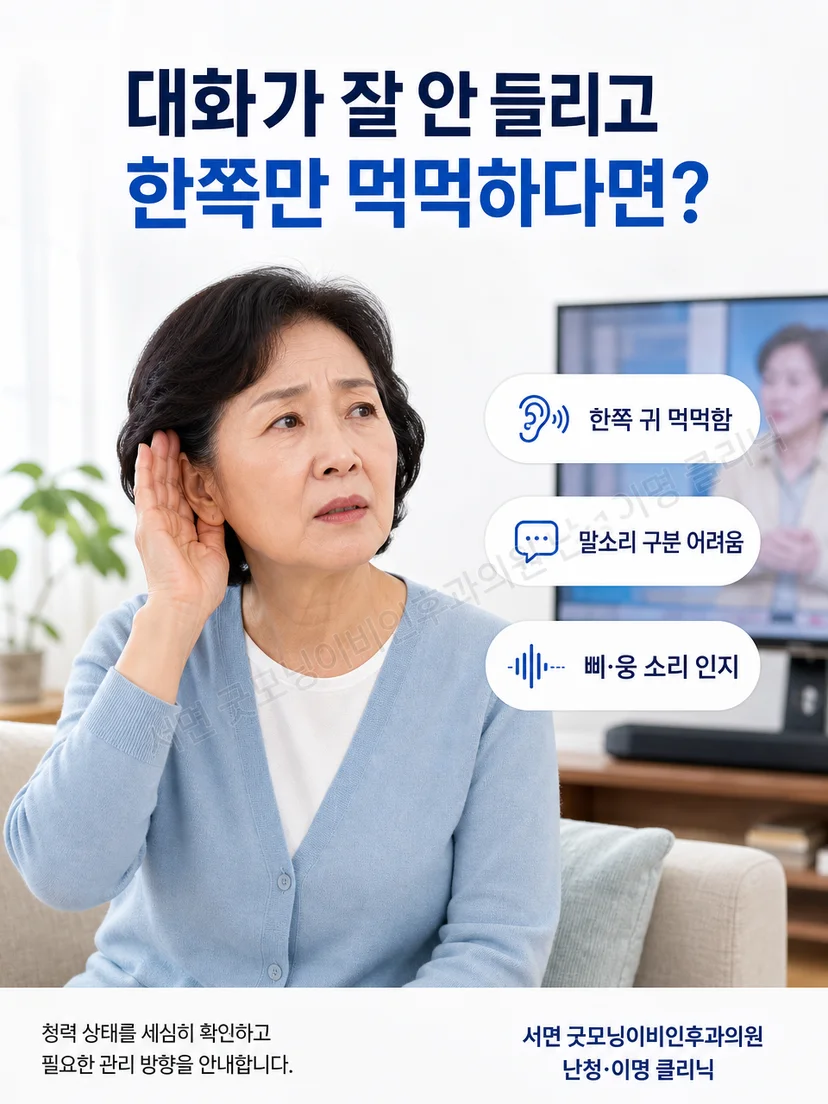 놓치는 소리와 좌우 차이를 설명하는 환자 상담 장면