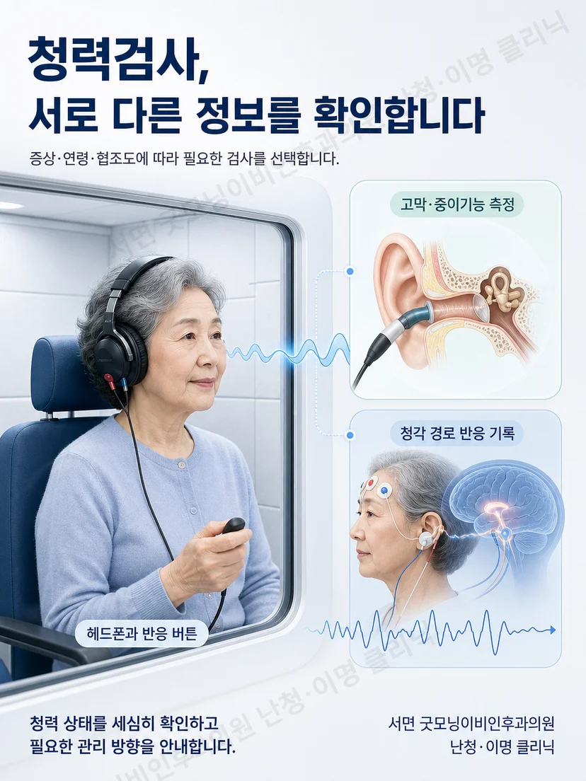 여성 검사자와 노년 환자가 청력부스와 중이검사 및 전극 검사를 진행하는 장면