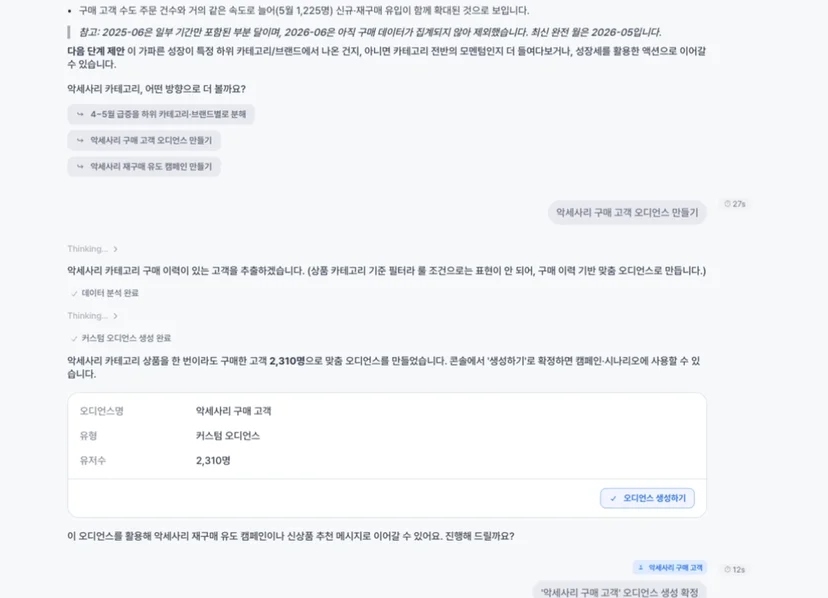 ② 오디언스 — 분석한 고객을 바로 '악세사리 구매 고객' 오디언스(2,310명)로 만들어요.