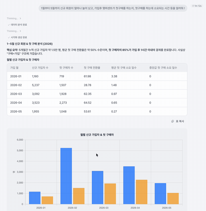 에이전트가 자연어 질문에 데이터 분석·시각화·캠페인 제안까지 처리하는 실제 세션 화면