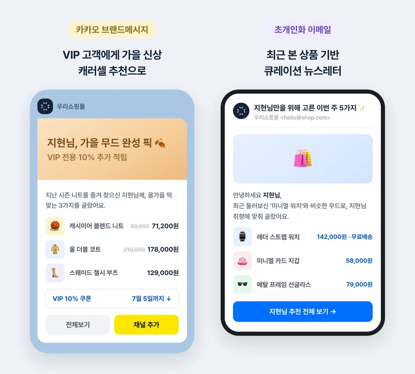 카카오 브랜드 메시지와 개인화 이메일 실제 수신 화면 예시 — VIP 취향 큐레이션과 최근 본 상품 기반 뉴스레터