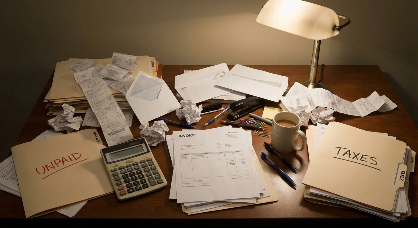 구매대행 장부 관리로 고민하는 셀러 책상 - 영수증과 서류 더미